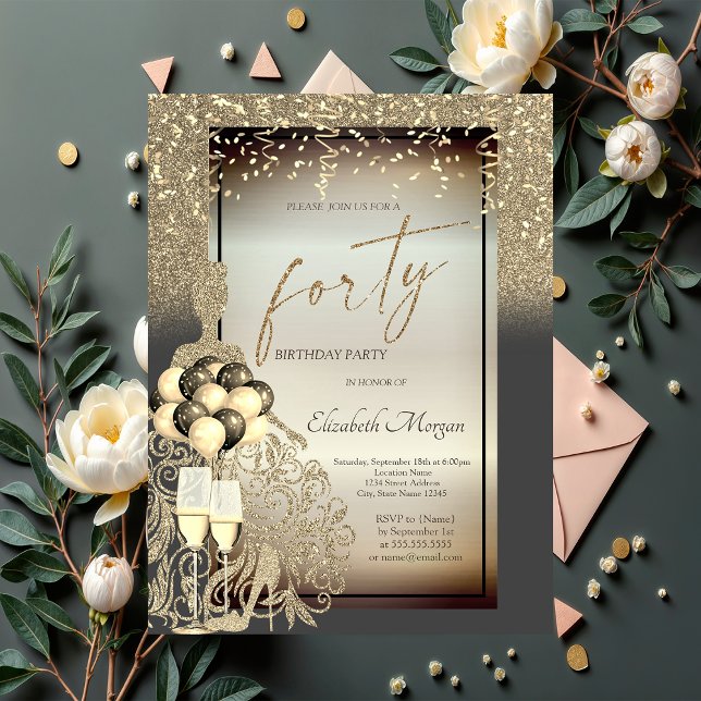 Invitación Moda Vestido Purpurina de oro, globos, 40 cumpleañ (Subido por el creador)
