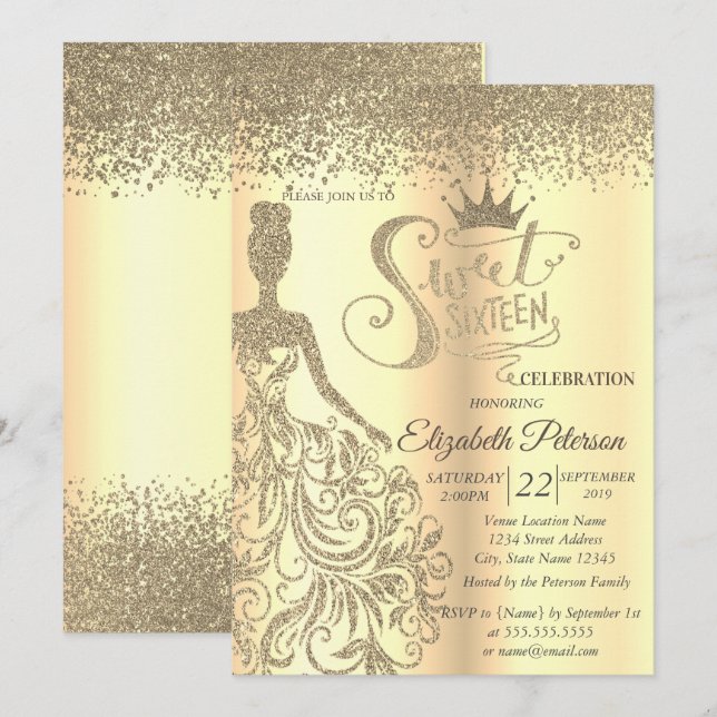 Invitación Moda Vestido Purpurina de oro, Tiara, Diamantes Du (Anverso / Reverso)