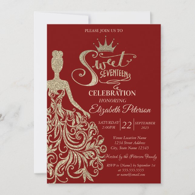 Invitación Moda Vestido Purpurina Oro, Tiara Dulce Rojo Dieci (Anverso)