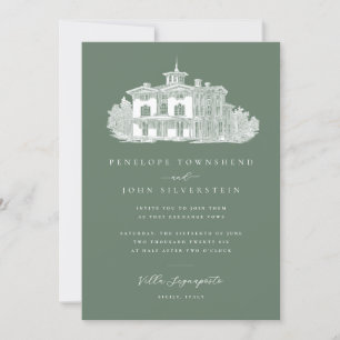 Invitación Moda Villa Ilustracion Sage Green Boda italiano