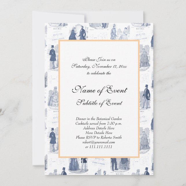 Invitación Moda vintage azul y blanca Toile francesa (Reverso)