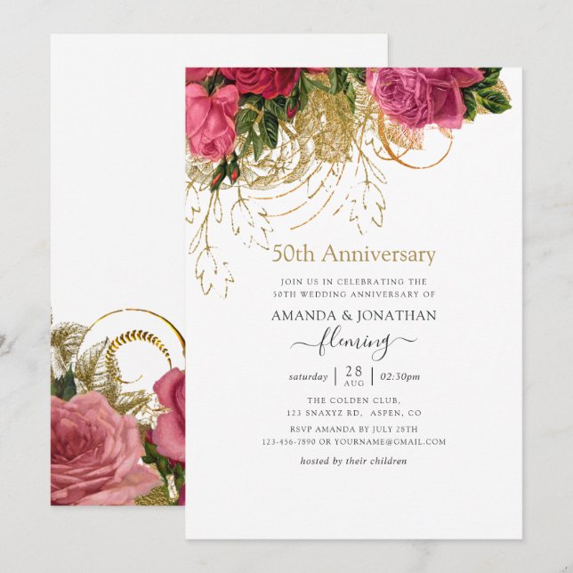 Invitación Moda Vintage Floral 50 aniversario Boda (Anverso / Reverso)