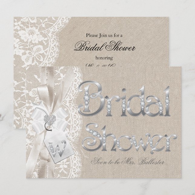 Invitación Moda Vintage Lace Silver Burlap Bridal Shower (Anverso / Reverso)