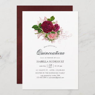 Invitación Moda vintage Rubor y Burgundy Floral Quinceañera