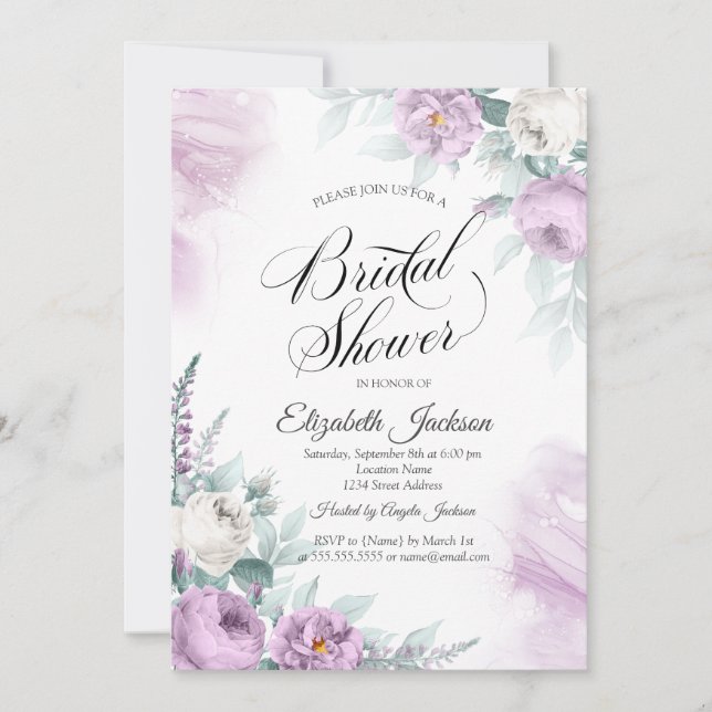 Invitación Moda Violet Lavander Rosas Bridal Shower (Anverso)