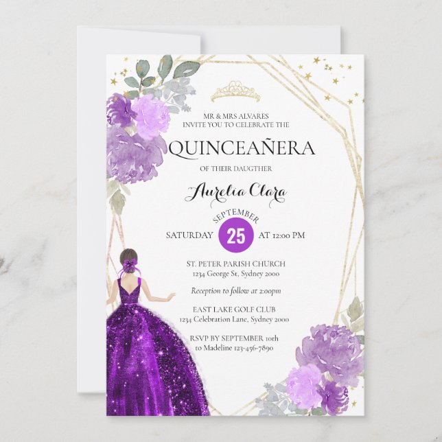 Invitación Moda Violeta Púrpura Floral Geométrica Quinceañera (Anverso)