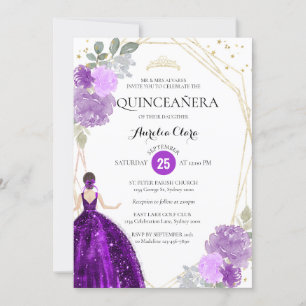 Invitación Moda Violeta Púrpura Floral Geométrica Quinceañera