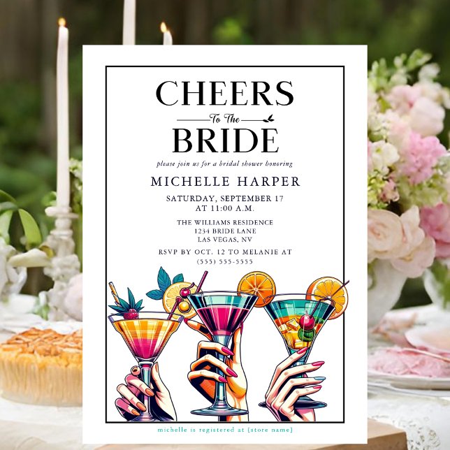 Invitación Moda vitorea a la ducha de novias (Bridal shower invitation that says "Cheers to the Bride".)