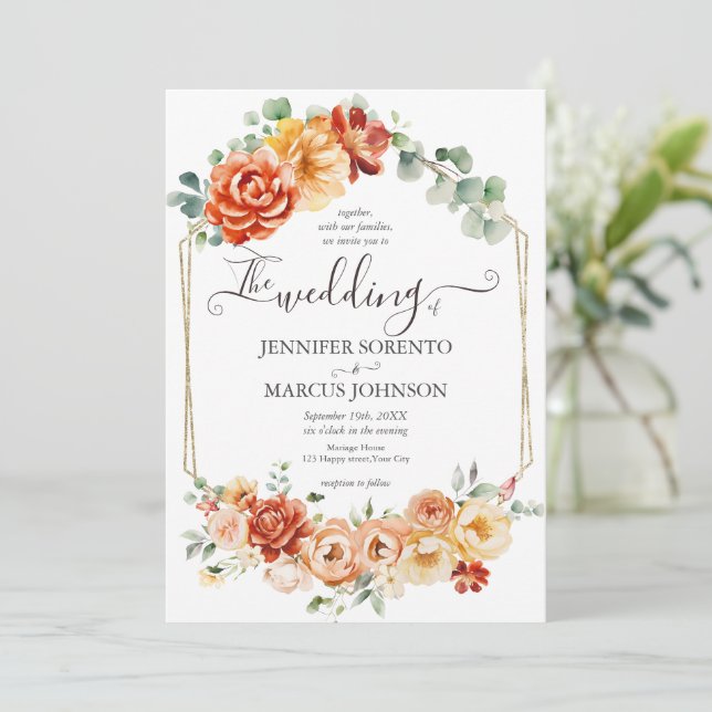 Invitación Moda Watercolor Floral Peach, Gold,Naranja Boda (Anverso de pie)