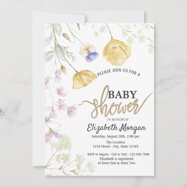 Invitación Moda Watercolor Flores silvestres Baby Shower botá (Anverso)