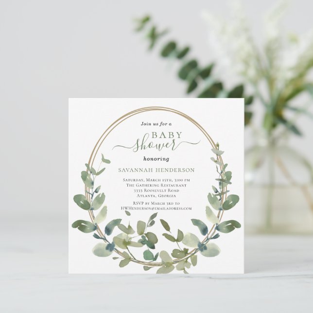Invitación Moda Watercolor Greenery Gold Baby Shower (Anverso de pie)