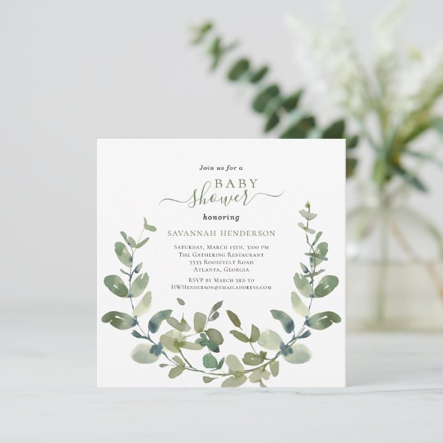 Invitación Moda Watercolor Greenery Wreath Baby Shower (Anverso de pie)