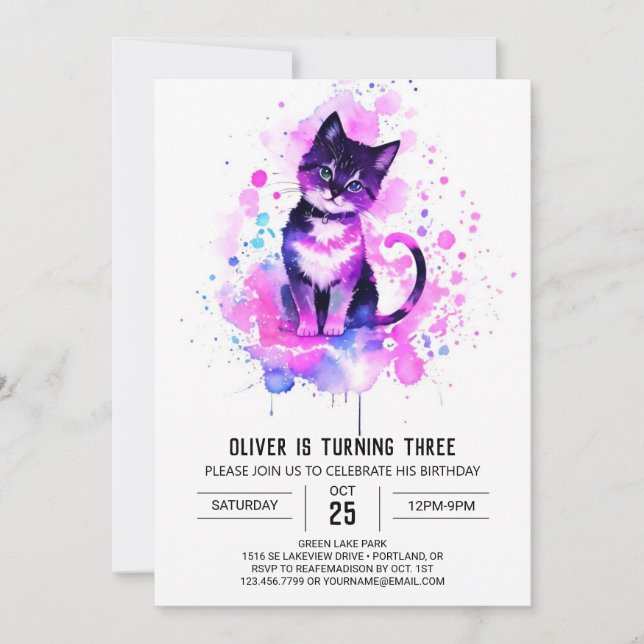 Invitación Moda Watercolor Kitty Cumpleaños (Anverso)