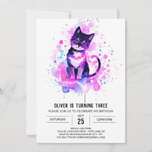 Invitación Moda Watercolor Kitty Cumpleaños