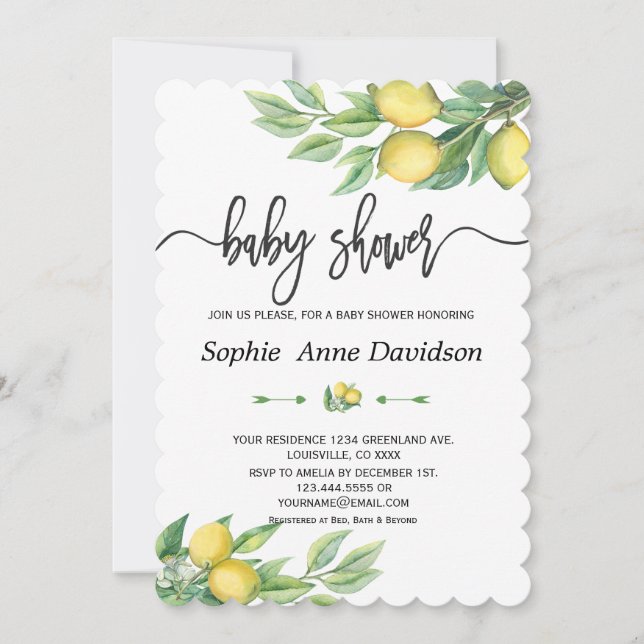 Invitación Moda Watercolor Lemon Tropical BABY SHOWER (Anverso)