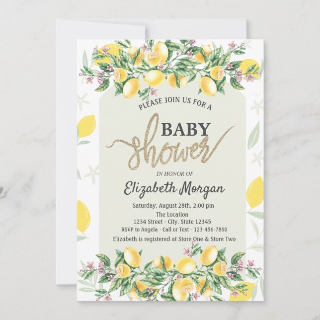 Invitación Moda Watercolor Lemons Frame Baby Shower (Anverso)