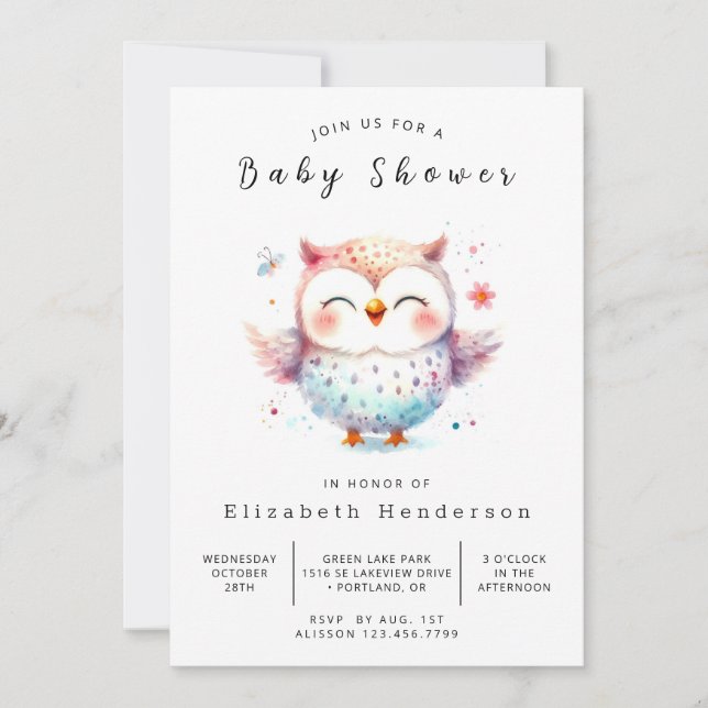 Invitación Moda Watercolor Owl Baby Shower (Anverso)