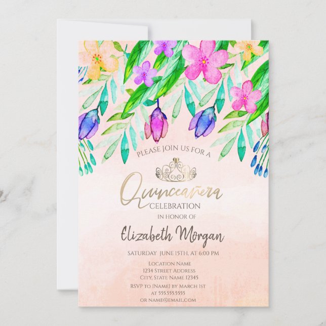Invitación Moda Watercolor Primavera Flores Quinceañera (Anverso)
