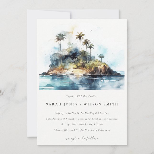 Invitación Moda Watercolor Seascape Palm Tree Island Boda (Anverso)