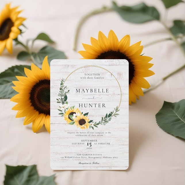 Invitación Moda Watercolor Sunflower Wreath Whitewood Boda (Chic Watercolor Sunflower Wreath Whitewood Wedding Invitation)