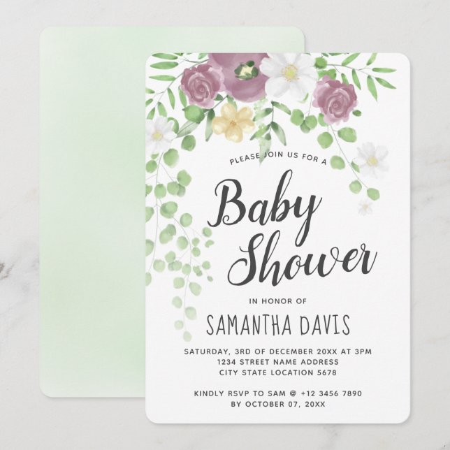 Invitación Moda Watercolor Wildflowers Garden Baby Shower (Anverso / Reverso)