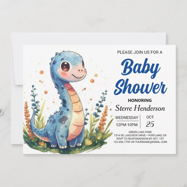 Invitación Moda Whimsical Blue Dinosaur Boy Baby Shower (Anverso)