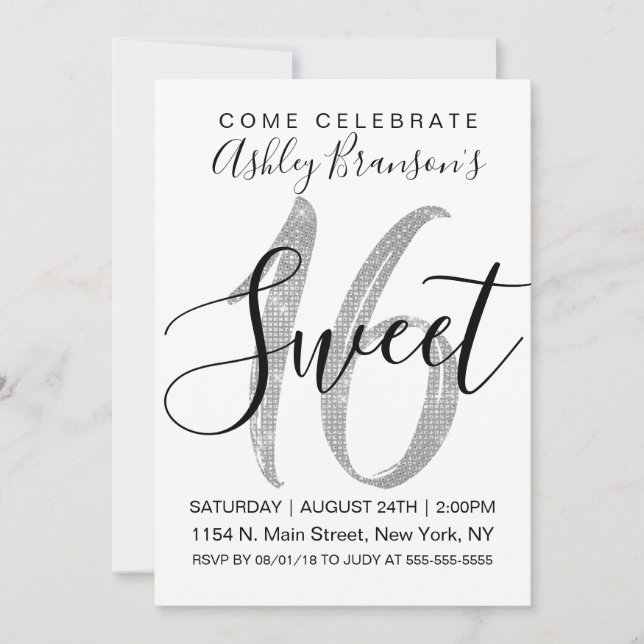 Invitación Moda White Faux Silver Sequin Purpurina Sweet 16 (Anverso)