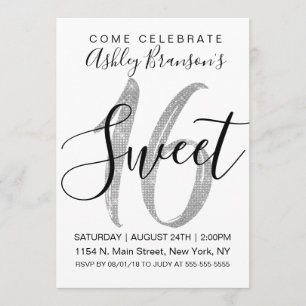 Invitación Moda White Faux Silver Sequin Purpurina Sweet 16