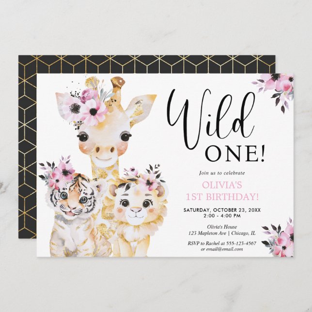 Invitación Moda Wild One chicas de safari fiesta de primer cu (Anverso / Reverso)