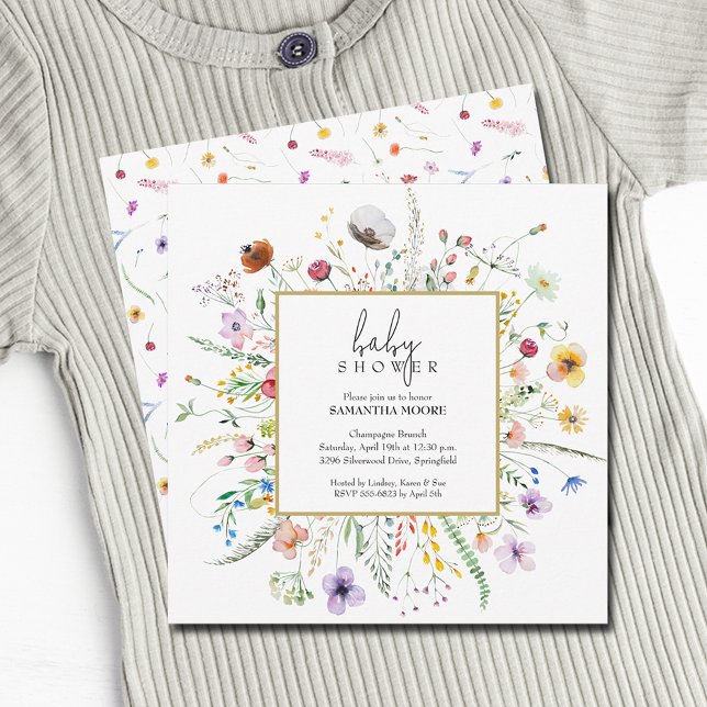Invitación Moda Wildflower Baby Shower (Chic Wildflower Baby Shower Square Invitations (see our description for note on postage))
