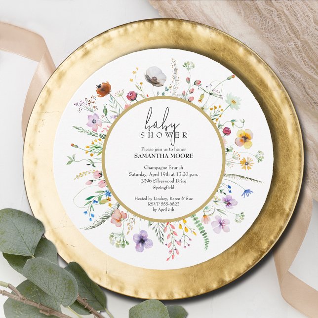 Invitación Moda Wildflower Baby Shower Round (Chic Wildflower Baby Shower Round Invitations, INSTANT DOWNLOAD and/or PRINTED)