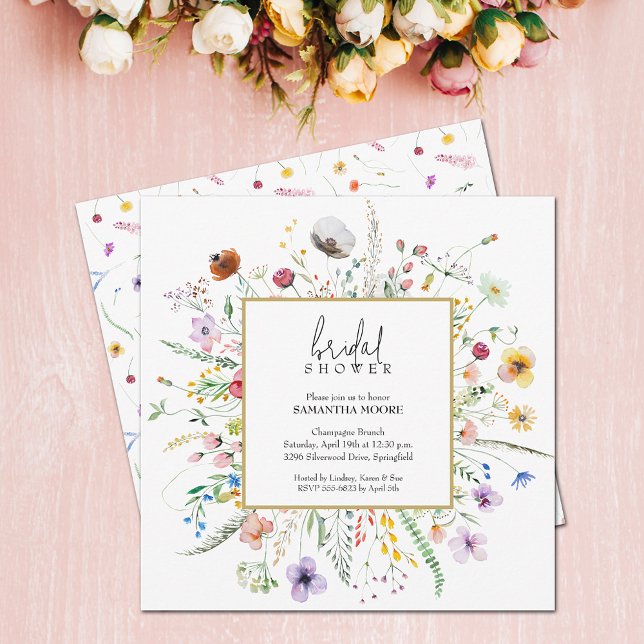 Invitación Moda Wildflower Bridal Shower (Chic wildflower bridal shower invitations, 5.25" x 5.25" - PRINTED and/or INSTANT DOWNLOAD)