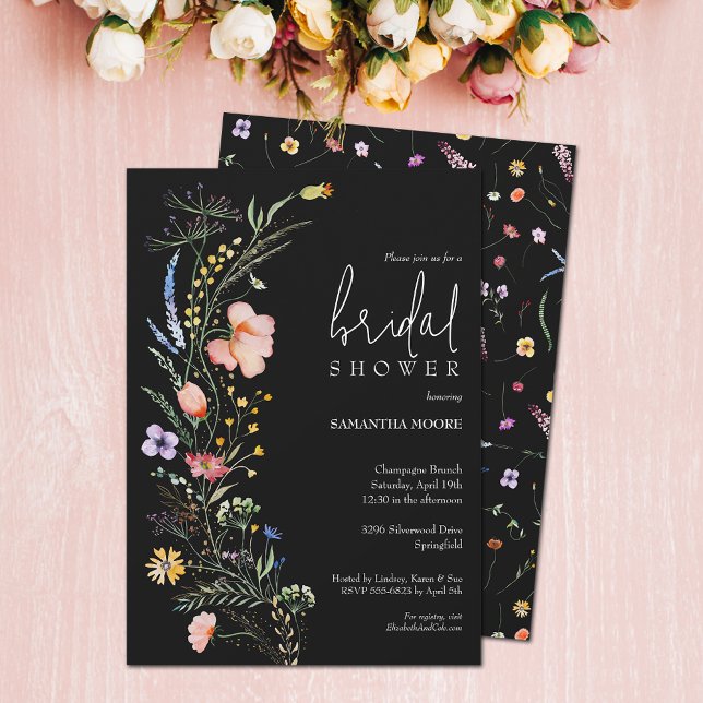 Invitación Moda Wildflower Bridal Shower (Wildflower bridal shower black invitations - PRINTED and/or INSTANT DOWNLOAD)