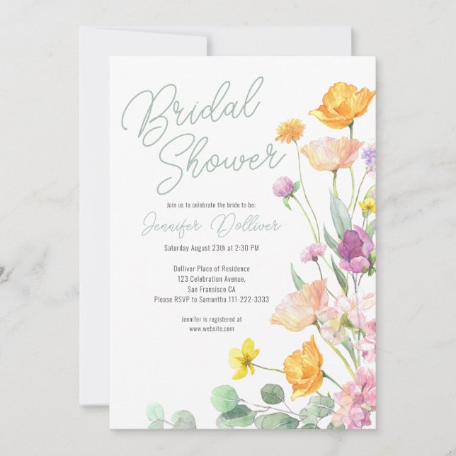 Invitación Moda Wildflower Script Bridal Shower (Anverso)