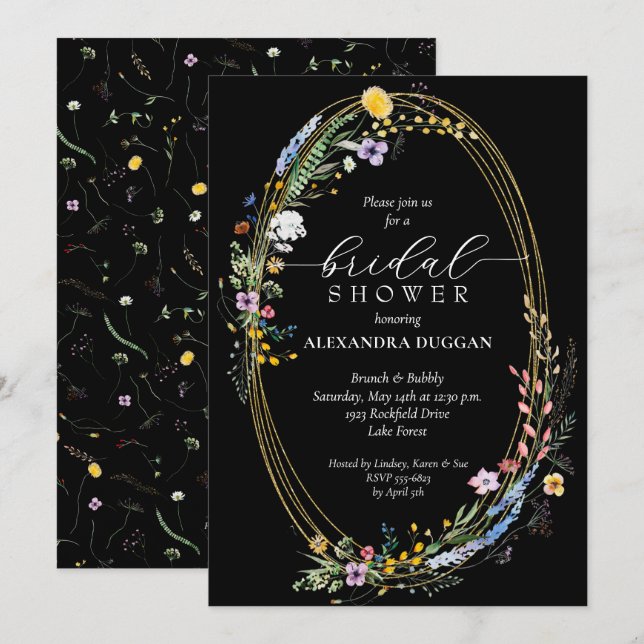 Invitación Moda Wildflower Wreath Black Bridal Shower (Anverso / Reverso)
