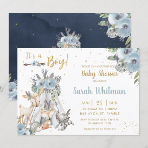 Invitación Moda Woodland Animales Tribal Boho Boy Baby Shower