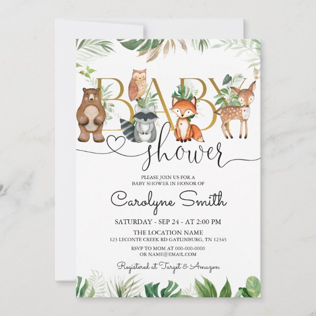 Invitación Moda Woodland Animals Greenery Baby Shower (Anverso)