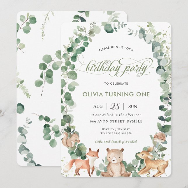 Invitación Moda Woodland Animals Greenery Primer Fiesta de cu (Anverso / Reverso)