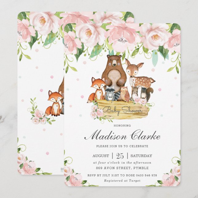 Invitación Moda Woodland Animals Pink Floral Baby Shower (Anverso / Reverso)
