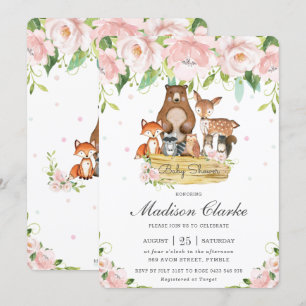 Invitación Moda Woodland Animals Pink Floral Baby Shower