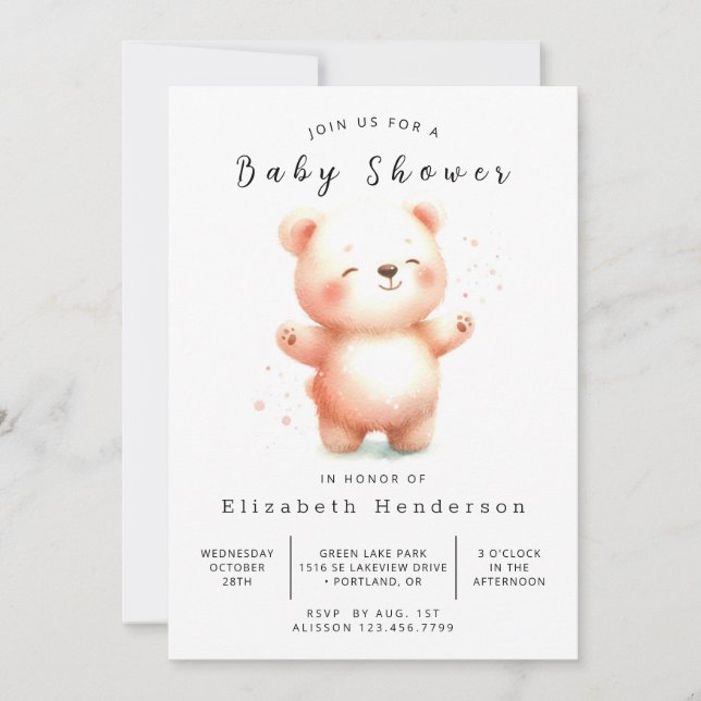 Invitación Moda Woodland Bear Baby Shower (Anverso)