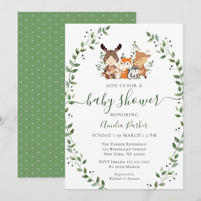 Invitación Moda Woodland  Greenery Forest Animals Baby Shower (Anverso / Reverso)