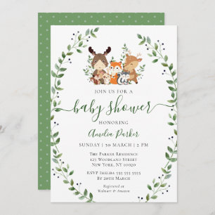 Invitación Moda Woodland  Greenery Forest Animals Baby Shower