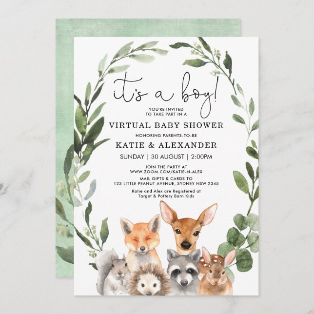 Invitación Moda Woodland Greenery Wreath Virtual Baby Shower (Anverso / Reverso)
