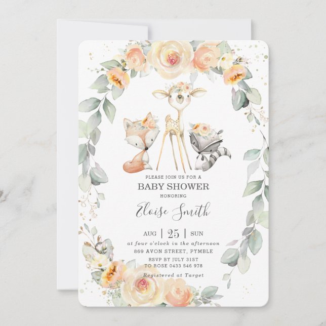 Invitación Moda Woodland Yellow Floral Greenery Baby Shower (Anverso)