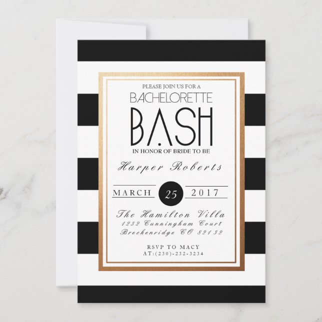 Invitación Moda y Bachelorette Bash formal | Oro y negro (Anverso)