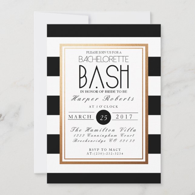 Invitación Moda y Bachelorette Bash formal | Oro y negro (Anverso)