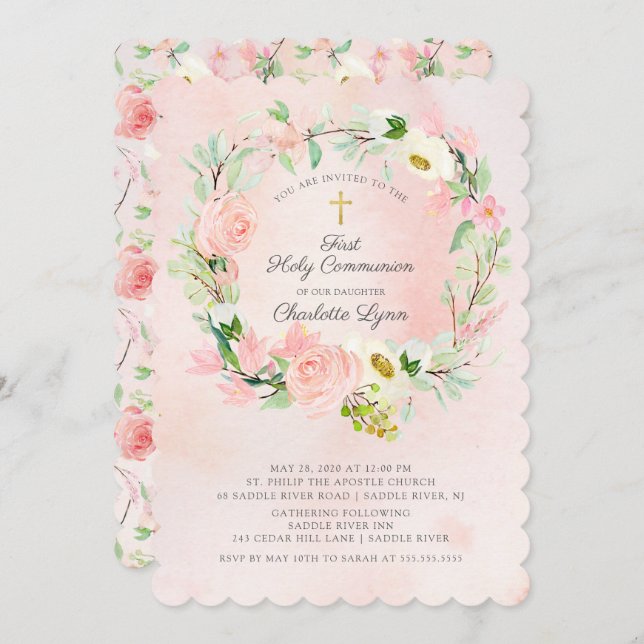 Invitación Moda y elegancia de la primera comunión de Rubor c (Anverso / Reverso)