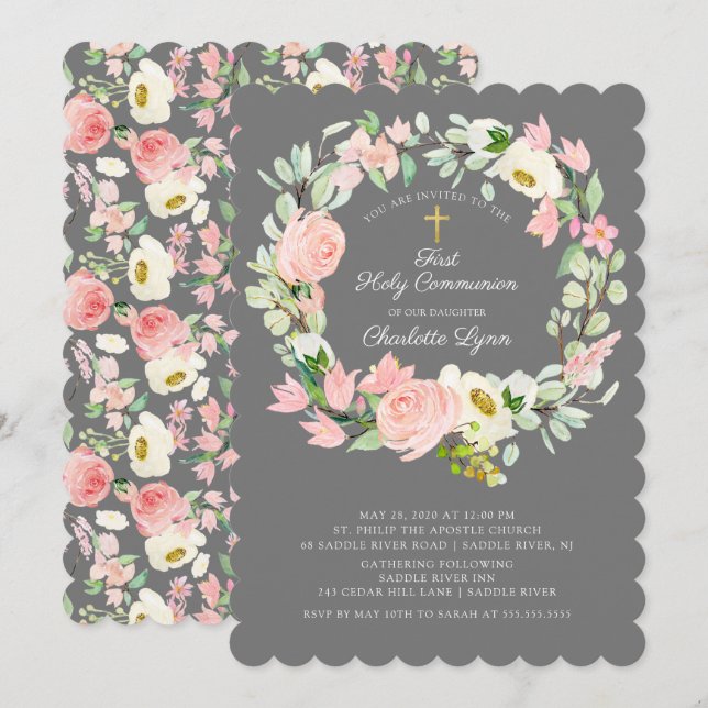 Invitación Moda y elegancia de la primera comunión de Rubor c (Anverso / Reverso)