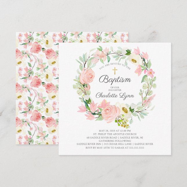 Invitación Moda y elegancia del bautismo floral rosado de Rub (Anverso / Reverso)